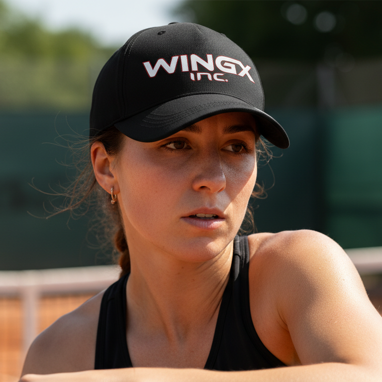 Woman on a tennis court wearing a black cap with 'WINGX INC' branding.