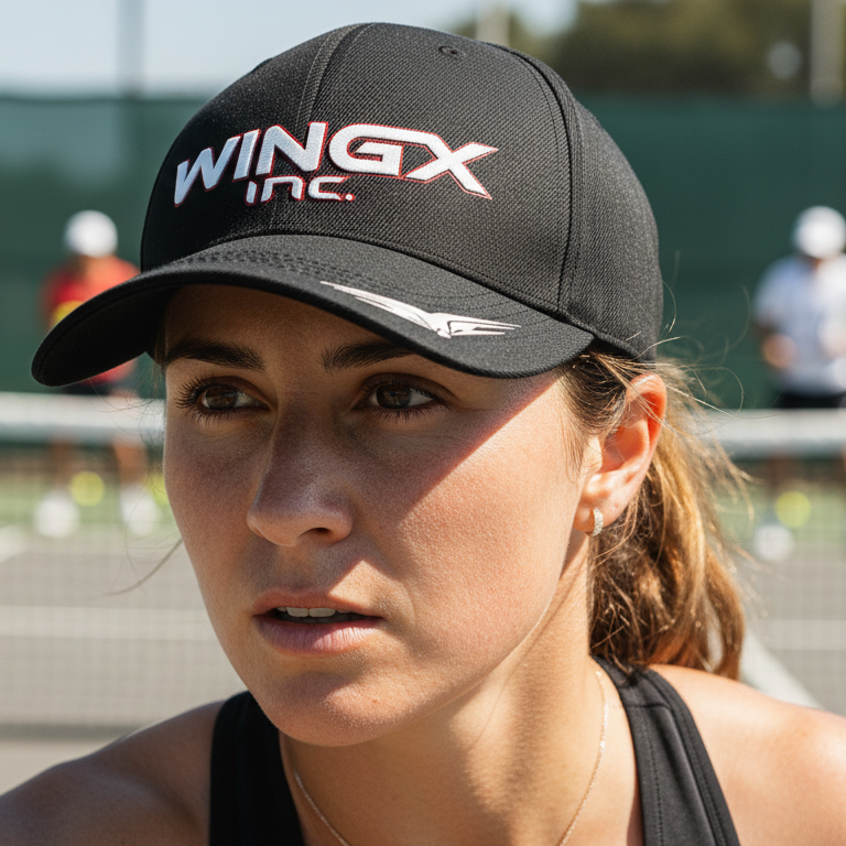 Woman on a tennis court wearing a cap with 'Wingx Inc.' branding