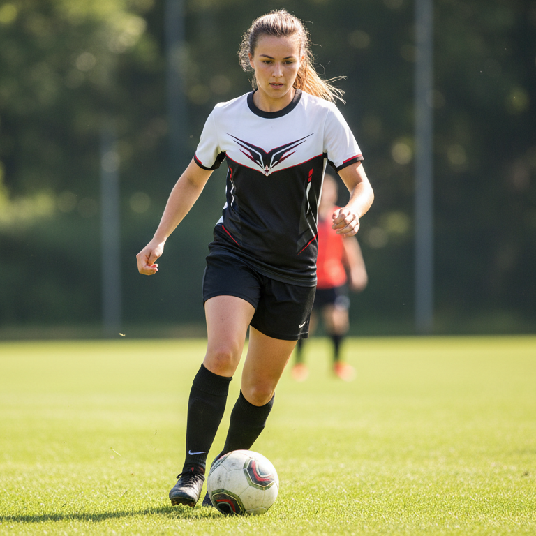 Woman playing soccer on a field with trees in the background