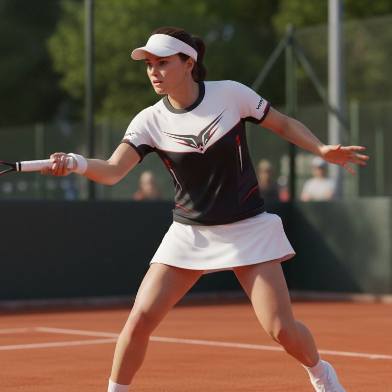 Tennis player in action on a clay court